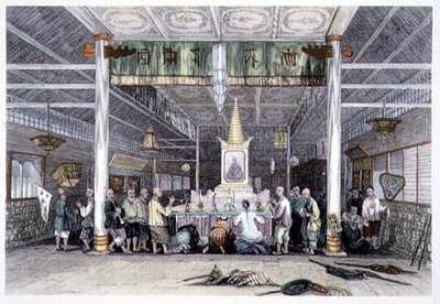 Buddha temploma, Kanton, George Newenham Wright (kb. 1790-1877) „Kína a nézetek sorozatában” című filmből, 1843 (színes metszet) alkotó: Thomas (after) Allom