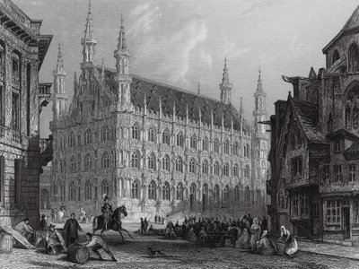 Louvaini városháza, a székesegyház egy részével (metszet) alkotó: Thomas (after) Allom