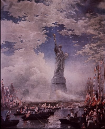 A Szabadság-szobor leleplezése New York-i kikötőben, 1886. október 28. (színes litó) alkotó: Thomas (after) Moran