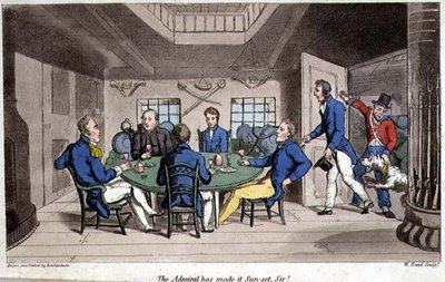 Az admirális elkészítette a naplementét, uram! lemez a John Mitford (1782-1831) „The Adventures of Johnny Newcome in the Navy”-ból, W. Read metszetével alkotó: Thomas (after) Rowlandson