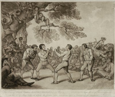 Daniel Mendoza és Richard Humphreys bokszmeccse Stiltonban, Huntingdonshire-ben, 1789. május 6., vésette Joseph Grozer (1755-99 körül) (metszet) alkotó: Thomas (after) Rowlandson