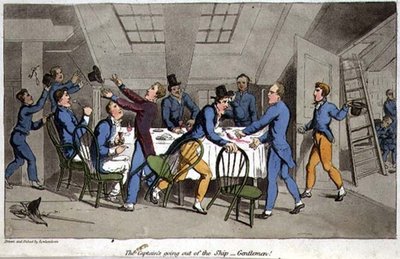 A kapitány kiszáll a hajóból – Uraim! lemez a John Mitford (1782-1831) „The Adventures of Johnny Newcome in the Navy”-ból, W. Read metszetével alkotó: Thomas (after) Rowlandson