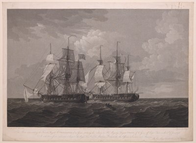 A 40 ágyús La Proserpine francia fregattot ábrázoló lemez, amely 1796. június 13-án, a Clear-foknál, Őfelsége 36 ágyús Dryad fregattjának ütötte fel a zászlóját.... Lord Amelius Beauclerk... alkotó: Thomas (after) Whitcombe