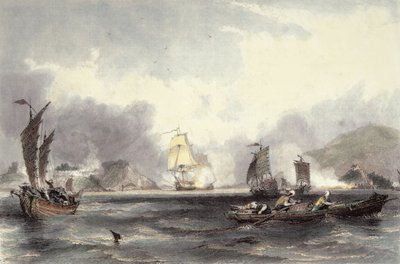 A HM Imogene és Andromache hajói elhaladnak a Bocca-Tigris akkumulátorai mellett, 1850 körül alkotó: Thomas Allom