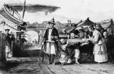 Büntetés tcha-val vagy cangue-val (fa iga vagy pillory), Thomas Allom (1804-1872) metszetei a Kínai Birodalomból alkotó: Thomas Allom