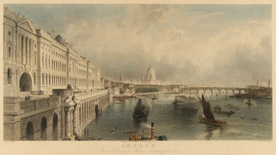 "Az angliai London látképe a Somerset House tengerészeti épületből, a Szent Pál-székesegyházzal és a London-híddal. Litográfia alkotó: Thomas Allom