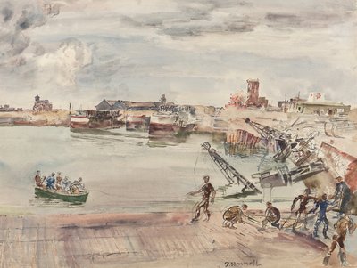A Calais Bassin Ouest kikötő raktárából (sic) dokkoltak, 1944 (ceruza, toll, tinta, ecset és WC papíron) alkotó: Thomas Barclay Hennell