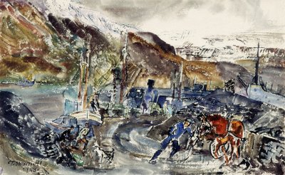 Helyi szénkocsi és vonóhálós hajók, Seydisfjordur, Izland (akvarell papíron) alkotó: Thomas Barclay Hennell