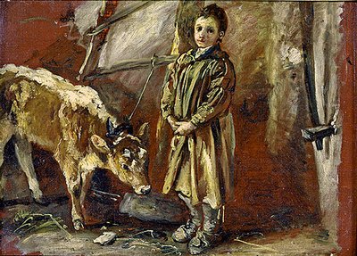 Fiú kikötözött borjúval (olaj, vászon) alkotó: Thomas Barker