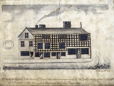 Old House on Hanging Ditch, Manchester, 1819 (toll, tinta és mosás papíron) alkotó: Thomas Barritt