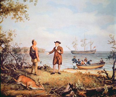 William Penn először érkezik Amerikába, és 1682-ben találkozik egy indiánnal (olaj, vászon) alkotó: Thomas Birch