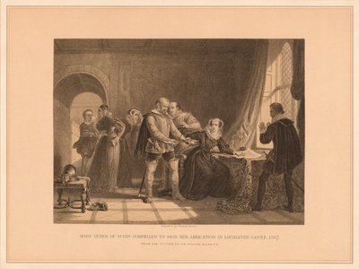 Mária skót királynő kénytelen aláírni lemondását a Lochleven kastélyban, 1567, 1878 alkotó: Thomas Brown