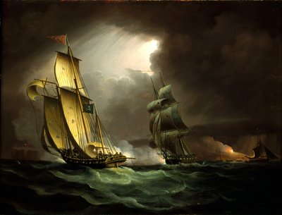 Egy csempész, akit egy brigg üldöz. alkotó: Thomas Buttersworth