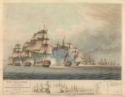 A Nathaniel Dance parancsnok (1748-1827) által irányított, nagy teherrel megrakott kínai flotta február 15-én visszavonulásra kényszerítette Charles de Durand L( 1761-1848) francia admirálist és hajóraját. alkotó: Thomas Buttersworth