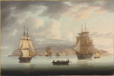 Funchal Roadstead, H.M.S. Blenheim agárral és Harrierrel Outward Bound, 1805 alkotó: Thomas Butterworth