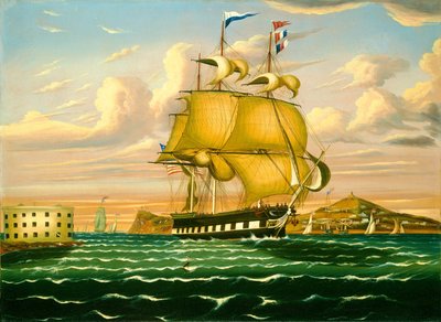 Csomaghajó áthaladó Castle Williams, New York-i kikötő, 19. század közepe. alkotó: Thomas Chambers