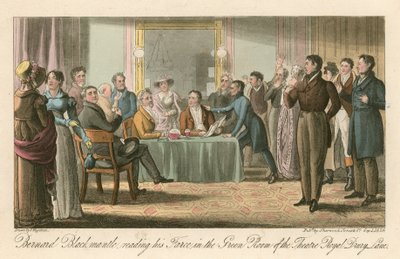 Bernard Blackmantle bohózatát olvassa a Theatre Royal Green Roomjában, Drury Lane, London alkotó: Thomas Charles Wageman