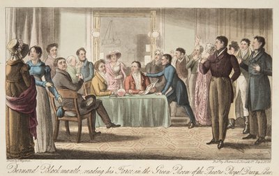 Bernard Blackmantle bohózatát olvassa a Covent Garden Színház Green Roomjában, az angol kém kocsmából. 1824 (kézzel színezett metszet) alkotó: Thomas Charles Wageman