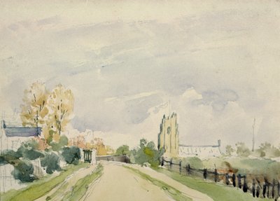 Suffolk táj, egy széles út egy kis házzal, egy templommal és fákkal alkotó: Thomas Churchyard