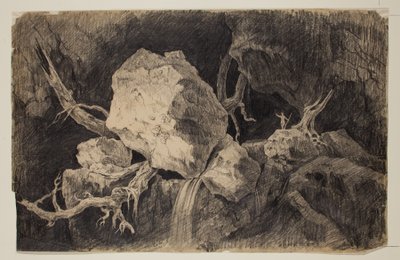 Vadász áll a barlangban a szikla és vízesés közelében, 1828 körül (grafitceruza) alkotó: Thomas Cole