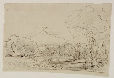 Vulkán, tó, vadászó alak, 1846-47 (toll és tus ceruzával, papír) alkotó: Thomas Cole