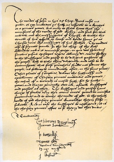 Crammer érsek és hét másik angol püspök püspöki nyilatkozata, 1537. alkotó: Thomas Cranmer