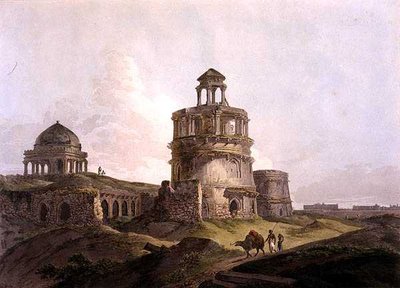 Egy ősi épület maradványai Firoz Shah Cotillája közelében, Delhi, a "Keleti tájak" című képből: Huszonnégy nézet Hinduosztánból". alkotó: Thomas Daniell