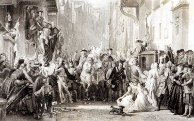 Charles Edward herceg (1720-88) és a hegyvidékiek bevonulnak Edinburgh-ba a prestoni csata után, 1745. szeptember 21. (lásd: 105438) alkotó: Thomas Duncan