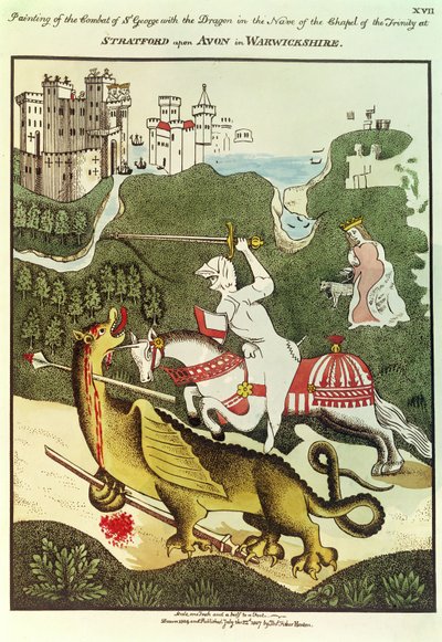 Szent György és a sárkány, egy eredeti festmény után a Stratford Upon Avon-i Szentháromság-kápolnában, Warwickshire-ben, 1804 alkotó: Thomas Fisher Hoxton