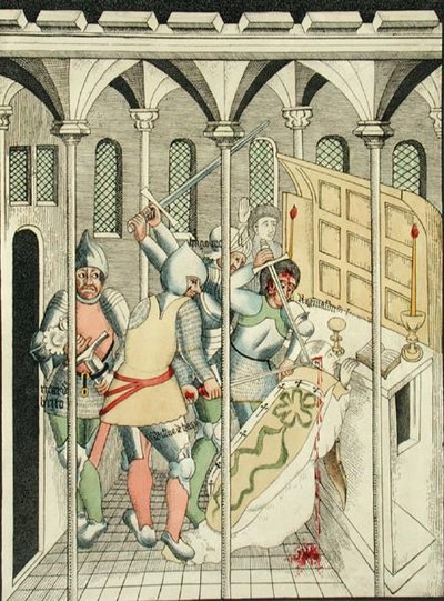 Becket Szent Tamás (1118-70 körül) meggyilkolása Canterburyben, a Stratford Upon Avon-i Szentháromság-kápolnából alkotó: Thomas Fisher Hoxton