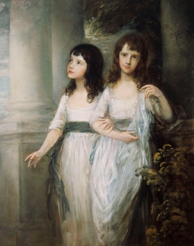 Csoportportré a Sloper kisasszonyokról, akik majdnem teljes hosszában állnak fehér ruhában, kék övvel, alkotó: Thomas Gainsborough