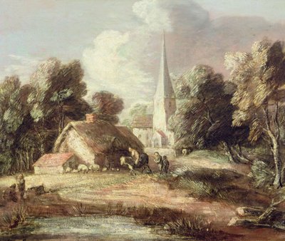Táj templommal, kunyhó, falusiak és állatok, 1771-2. körül (olaj, vászon fekete krétával) alkotó: Thomas Gainsborough
