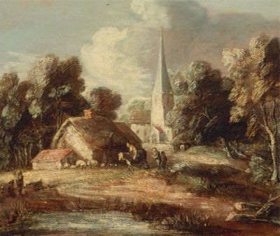 Táj házikóval és templommal, 1771 és 1772 között. alkotó: Thomas Gainsborough