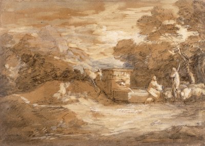Hegyi táj alakokkal, juhokkal és szökőkúttal, 1785-88 körül (szürke mosás, olaj és fekete kréta fektetett papíron) alkotó: Thomas Gainsborough
