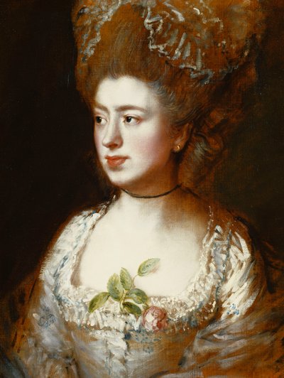 Miss Mary Gainsborough portréja, később Mrs. Fischer, a művész lánya, feje és vállai, jobbra fordítva, kék-fehér ruhát visel, rózsaszín rózsával a fűzőjében, alkotó: Thomas Gainsborough