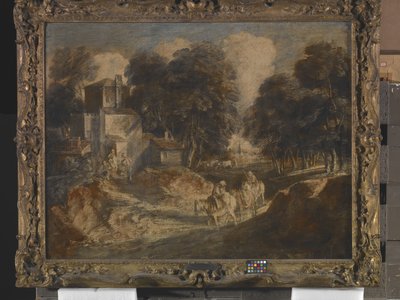Erdős táj lovas parasztokkal (tinta, ólomfehér és gouache, vászonra szerelt papíron) alkotó: Thomas Gainsborough