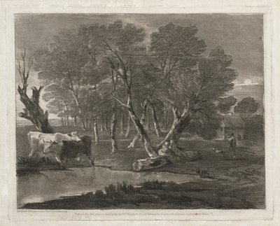 Erdős táj tehenekkel a medence mellett, figurákkal és kunyhóval alkotó: Thomas Gainsborough