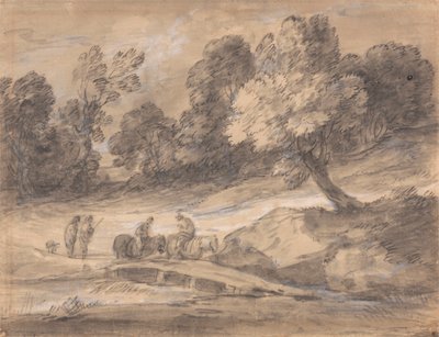 Erdős táj alakok lóháton átkelve egy hídon alkotó: Thomas Gainsborough
