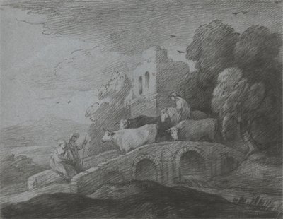 Erdős táj hídon szarvasmarhát hajtó pásztorral, rusztikus szerelmesekkel és romos várral alkotó: Thomas Gainsborough