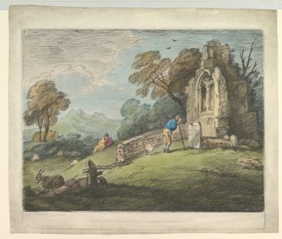 Erdős táj parasztolvasó sírkővel, rusztikus szerelmesekkel és romtemplommal, 1797. augusztus 1. alkotó: Thomas Gainsborough