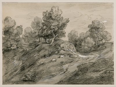 Erdős dombvidéki táj pásztorral, juhokkal és egy domb körül kanyargó földúttal alkotó: Thomas Gainsborough