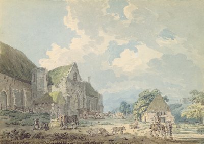 Az abbotsburyi tizedespajta és az apátság a dombon..., 1795 körül (grafit, grafit, papír, wc) alkotó: Thomas Girtin