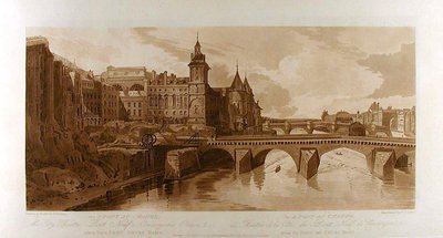 A Pont au Change, a Városi Színház, a Pont Neuf, a Conciergerie börtön és más látnivalók a Pont Notre-Dame felől alkotó: Thomas Girtin