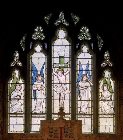 Hornblotton, St Peter, James Powell & Sons, Thomas G Jackson, East Window, Crucifixion & Angels, 1874 alkotó: Thomas Graham Jackson