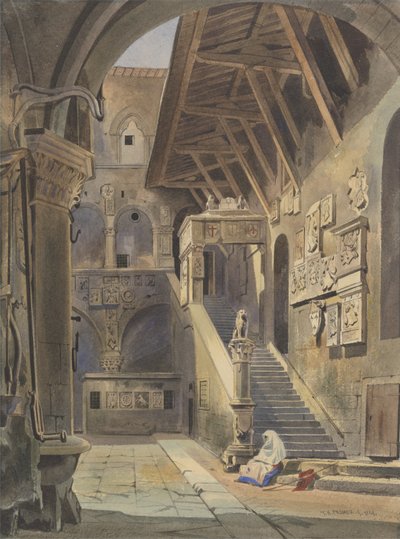 Bargello udvara, Firenze, 1839 (wc tintával és ceruzával papíron) alkotó: Thomas Hartley Cromek