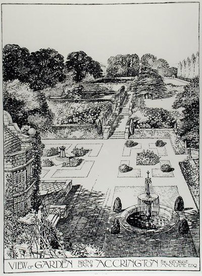 A Broad Oak, Accrington kertjének látképe, Thomas Mawson "The Art and Craft of Garden Making" című művéből, 1900-ban megjelent (metszet) (fekete-fehér fotó). alkotó: Thomas Hayton Mawson