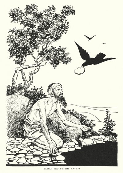 A hollók által etetett Illés (litográfia) alkotó: Thomas Heath Robinson
