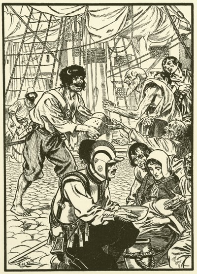 Az éhező polgárok etetése (metszet) alkotó: Thomas Heath Robinson