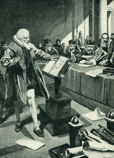 Galilei megjelenik a bíborosok előtt (litográfia) alkotó: Thomas Heath Robinson