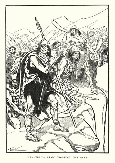 Hannibál serege átkel az Alpokon (litográfia) alkotó: Thomas Heath Robinson